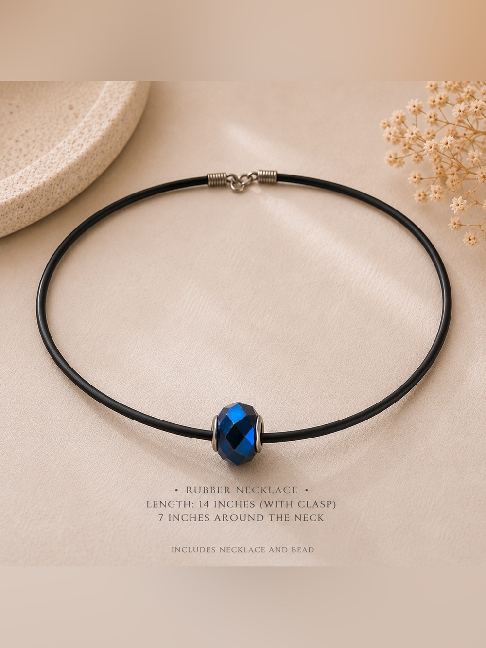 Y2K Blue Crystal Bead Choker Whimsical Necklace Black Rubber Cord